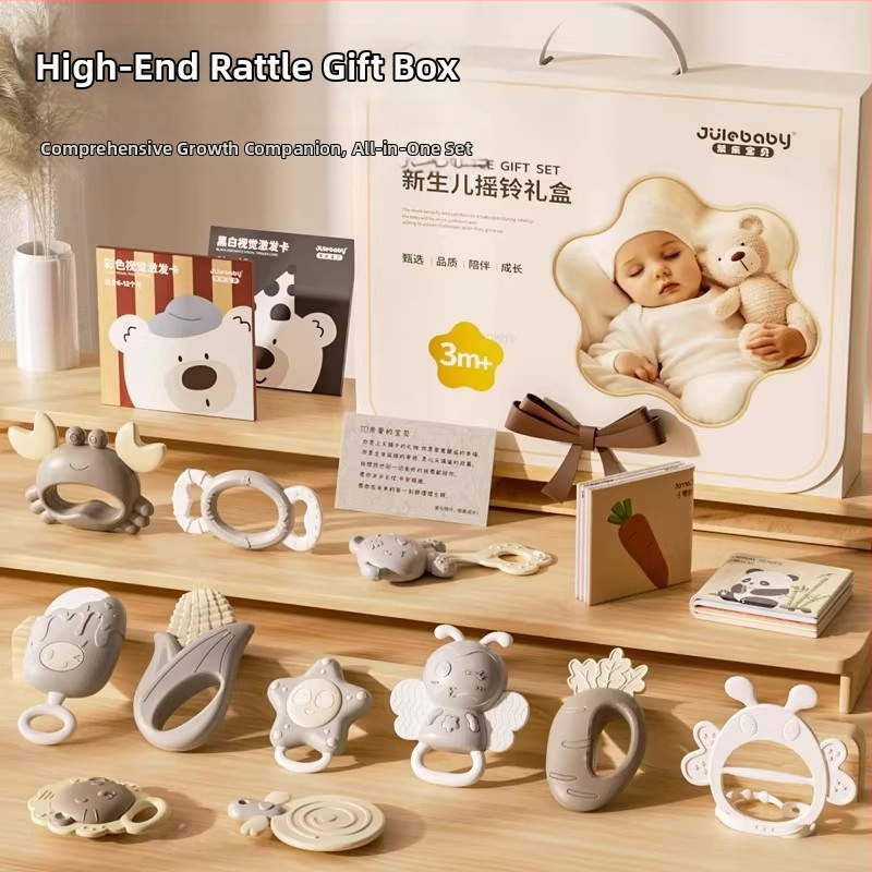 Zīdaiņu teether un rikšķis – 0–3 gadi, silikons + ABS, interaktīva rotaļlieta dāvanu kastē jutībām un roku-acu koordinācijai