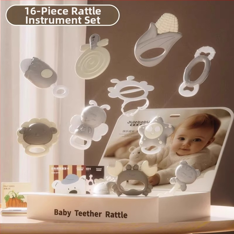 Zīdaiņu teether un rikšķis – 0–3 gadi, silikons + ABS, interaktīva rotaļlieta dāvanu kastē jutībām un roku-acu koordinācijai