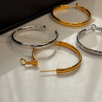 Cercei hoop metalice cu design geometric, placare cu aur real, stil franțuzesc retro, pentru femei, primăvara 2025