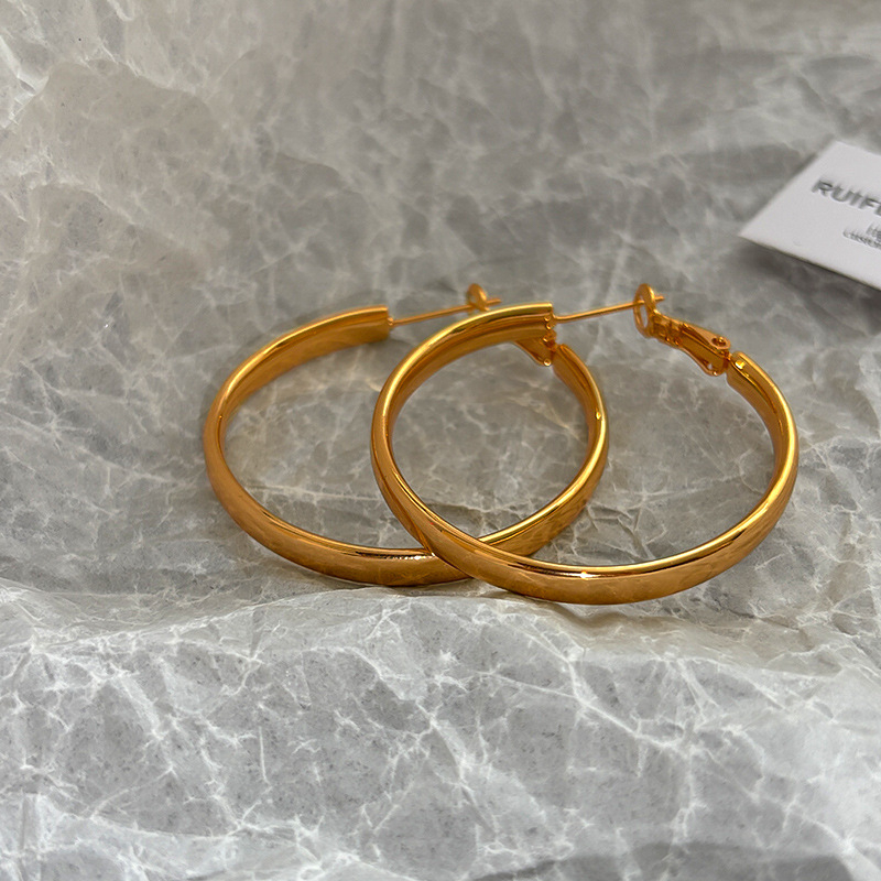 Cercei hoop metalice cu design geometric, placare cu aur real, stil franțuzesc retro, pentru femei, primăvara 2025