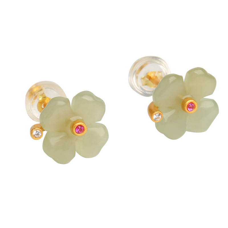 Naušnice od Hetian jade s motivom četverolistne djeteline i cvijeta, bakrena podstava s elektroplatiranjem, geometrijski dizajn, korejski stil, svježi i slatki