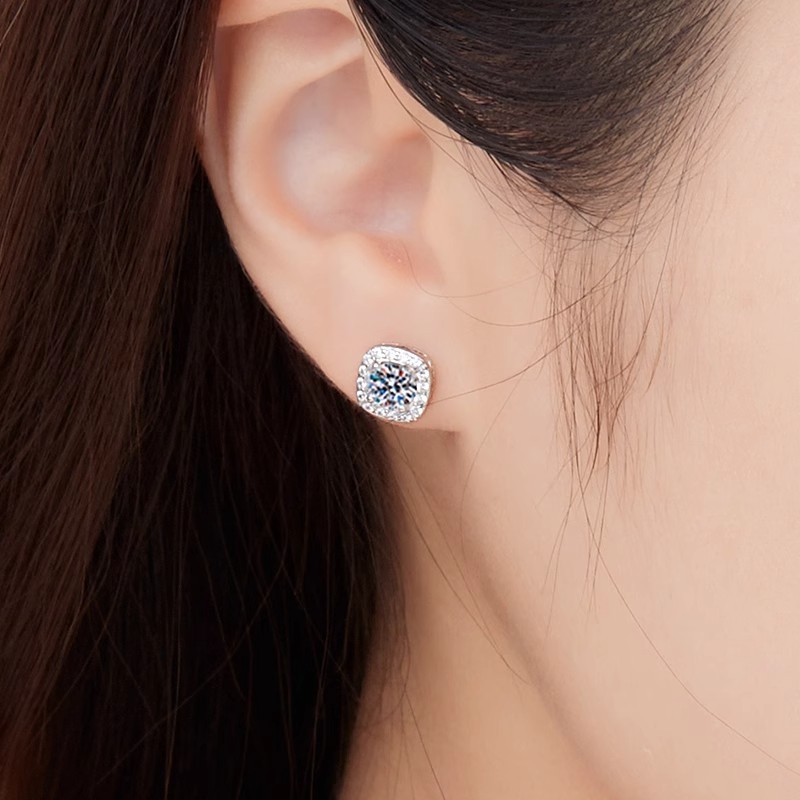 S925 srebrne Moissanite kvadratne naušnice za žene – Geometrijski kvadratni dizajn, 1,47–1,78 g