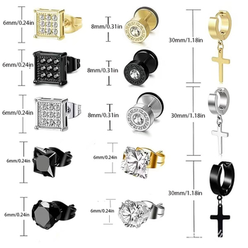 Set od 15 pari naušnica od nehrđajućeg čelika s križnim privjeskom od cirkona, barbell dizajn, unisex