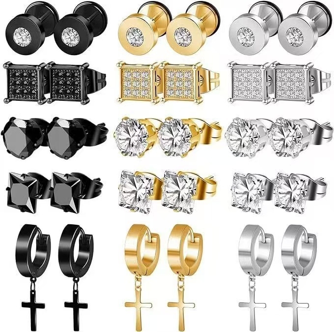 Set od 15 pari naušnica od nehrđajućeg čelika s križnim privjeskom od cirkona, barbell dizajn, unisex