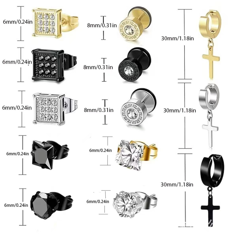 Set od 15 pari naušnica od nehrđajućeg čelika s križnim privjeskom od cirkona, barbell dizajn, unisex
