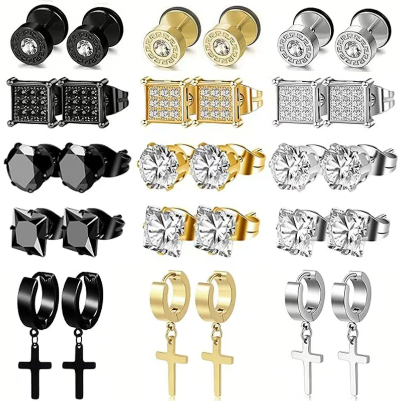 Set od 15 pari naušnica od nehrđajućeg čelika s križnim privjeskom od cirkona, barbell dizajn, unisex