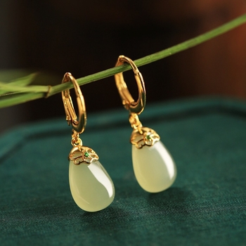 Bakrene naušnice s Hetian jade, U-oblik Geometrijski dizajn, jade ugradnja, elektroplatirano, unisex nakit