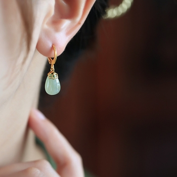 Bakrene naušnice s Hetian jade, U-oblik Geometrijski dizajn, jade ugradnja, elektroplatirano, unisex nakit