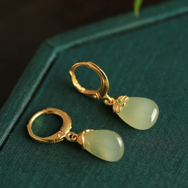 Bakrene naušnice s Hetian jade, U-oblik Geometrijski dizajn, jade ugradnja, elektroplatirano, unisex nakit