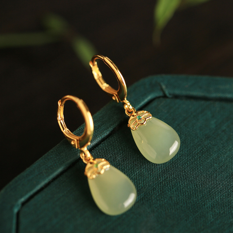 Bakrene naušnice s Hetian jade, U-oblik Geometrijski dizajn, jade ugradnja, elektroplatirano, unisex nakit