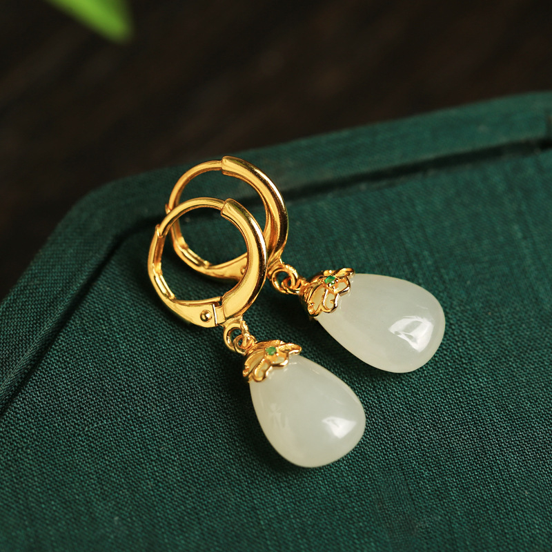 Bakrene naušnice s Hetian jade, U-oblik Geometrijski dizajn, jade ugradnja, elektroplatirano, unisex nakit