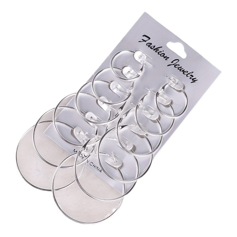 Комплект от 6 двойки железни кръгли халки обеци, стил студен вятър, електроплакиране