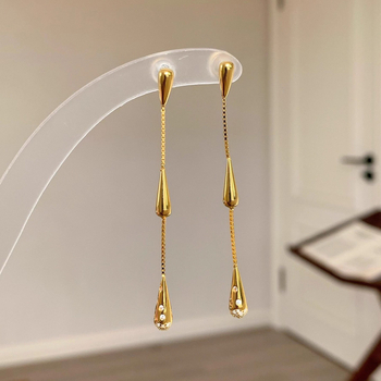 Обeци - капковидни висящи с ресни, титаниева стомана - пролет 2025, Old Money стил, за жени