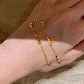 Обeци - капковидни висящи с ресни, титаниева стомана - пролет 2025, Old Money стил, за жени