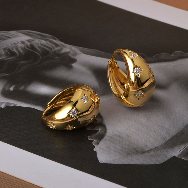 Cercei din cupru cu stea cu opt colțuri, zirconiu, stil retro, pentru femei, placare electroplatină