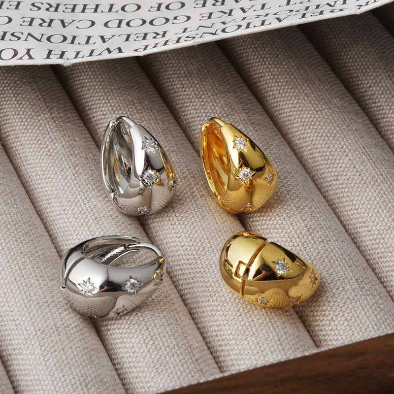 Cercei din cupru cu stea cu opt colțuri, zirconiu, stil retro, pentru femei, placare electroplatină