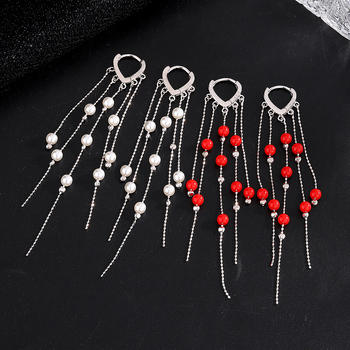 925-ös ezüst gyöngyös hosszú bojtos fülbevaló nőknek, geometriai dizájn, könnyű luxus