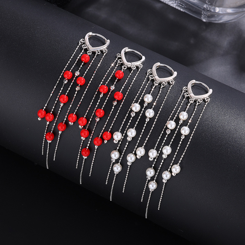 925-ös ezüst gyöngyös hosszú bojtos fülbevaló nőknek, geometriai dizájn, könnyű luxus