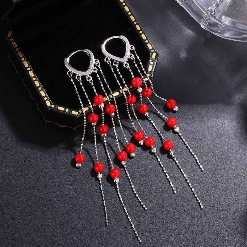 925-ös ezüst gyöngyös hosszú bojtos fülbevaló nőknek, geometriai dizájn, könnyű luxus