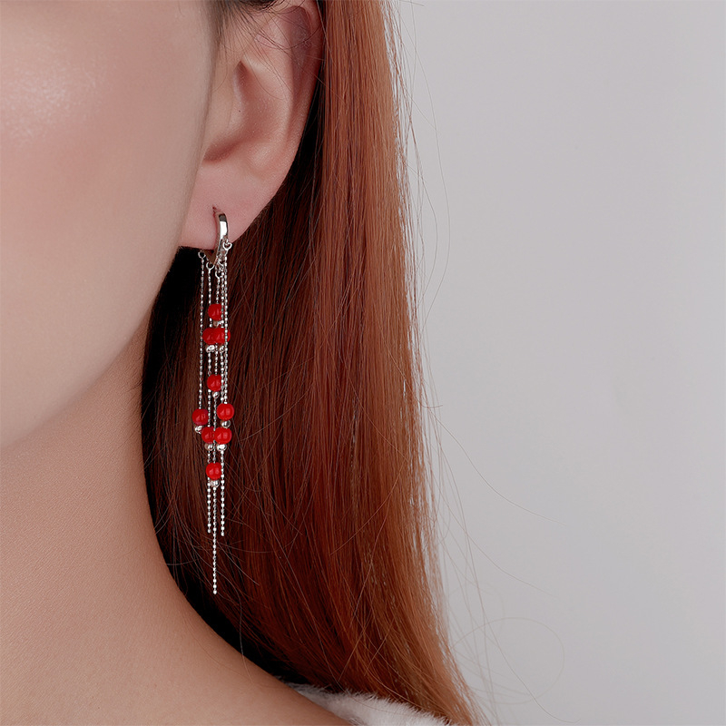 925-ös ezüst gyöngyös hosszú bojtos fülbevaló nőknek, geometriai dizájn, könnyű luxus