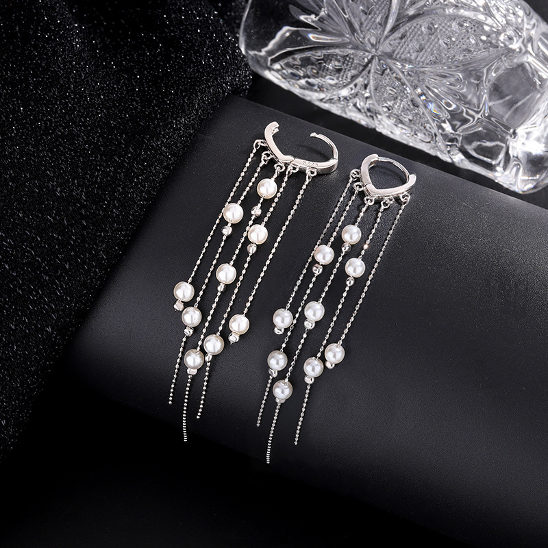 925-ös ezüst gyöngyös hosszú bojtos fülbevaló nőknek, geometriai dizájn, könnyű luxus