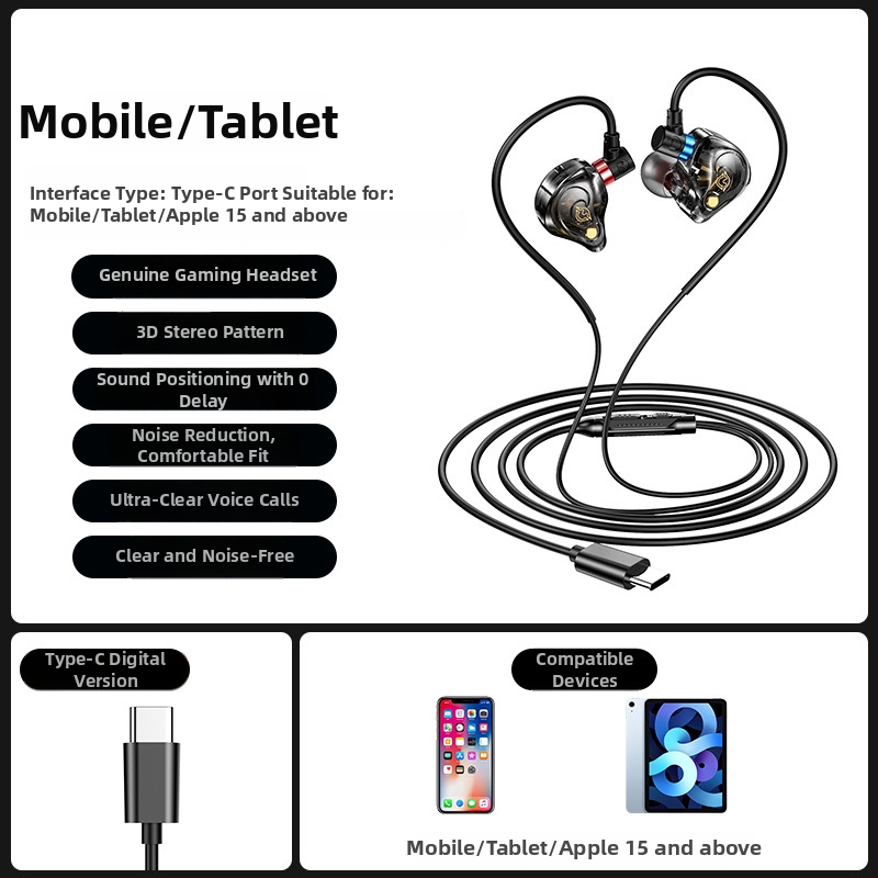 Drôtové in-ear herné slúchadlá s mikrofónom pre mobilné a PC – nízka latencia zvuku a lokalizácia zvuku, L tvarovaný konektor