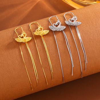 925-ös ezüst fülbevaló, kefével megmunkált felülettel – kettős hattyú, hosszú bojtok, fülhurok (925 Sterling Silver, brushed finish, double swan, long tassel, ear wires)