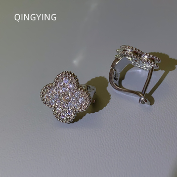 Cercei din cupru cu floare patru petale, setare cu diamante complete, stil Fashion OL