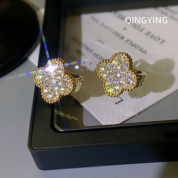 Cercei din cupru cu floare patru petale, setare cu diamante complete, stil Fashion OL