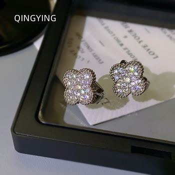 Cercei din cupru cu floare patru petale, setare cu diamante complete, stil Fashion OL