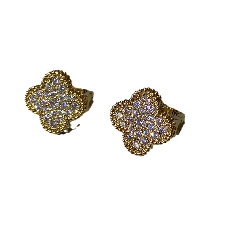 Cercei din cupru cu floare patru petale, setare cu diamante complete, stil Fashion OL