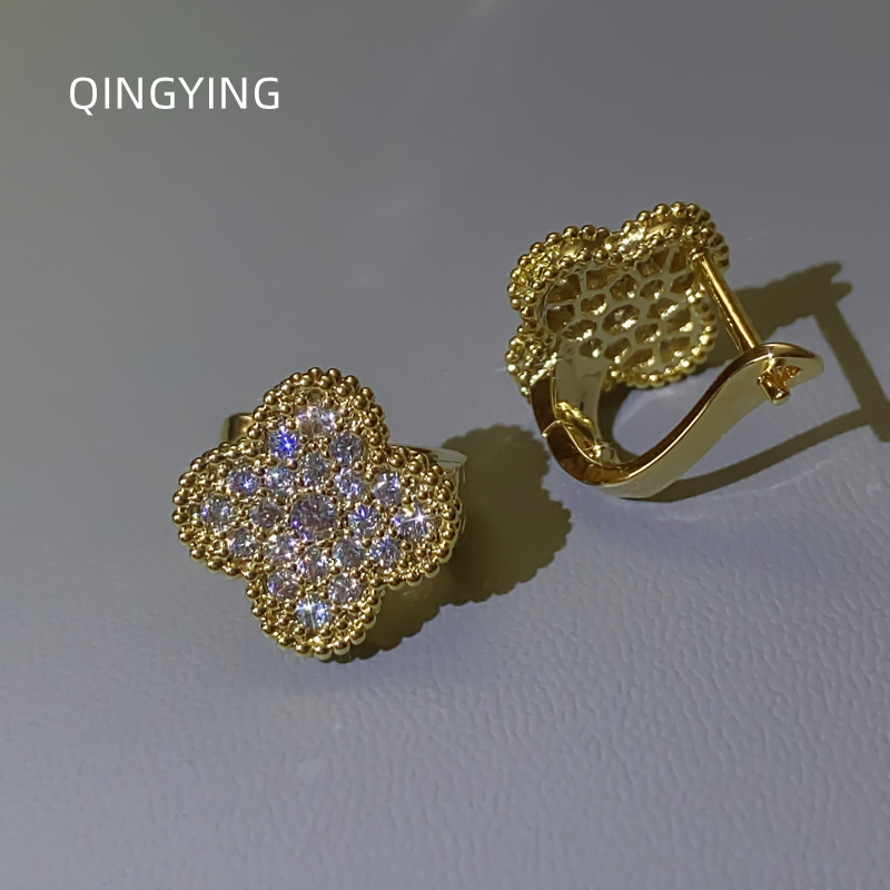 Cercei din cupru cu floare patru petale, setare cu diamante complete, stil Fashion OL