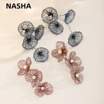 Cercei cu fir de cupru împletit în formă de floare, ciucuri, lucrate manual, știfturi din argint 925, stil ușor de lux