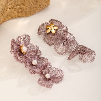 Cercei cu fir de cupru împletit în formă de floare, ciucuri, lucrate manual, știfturi din argint 925, stil ușor de lux