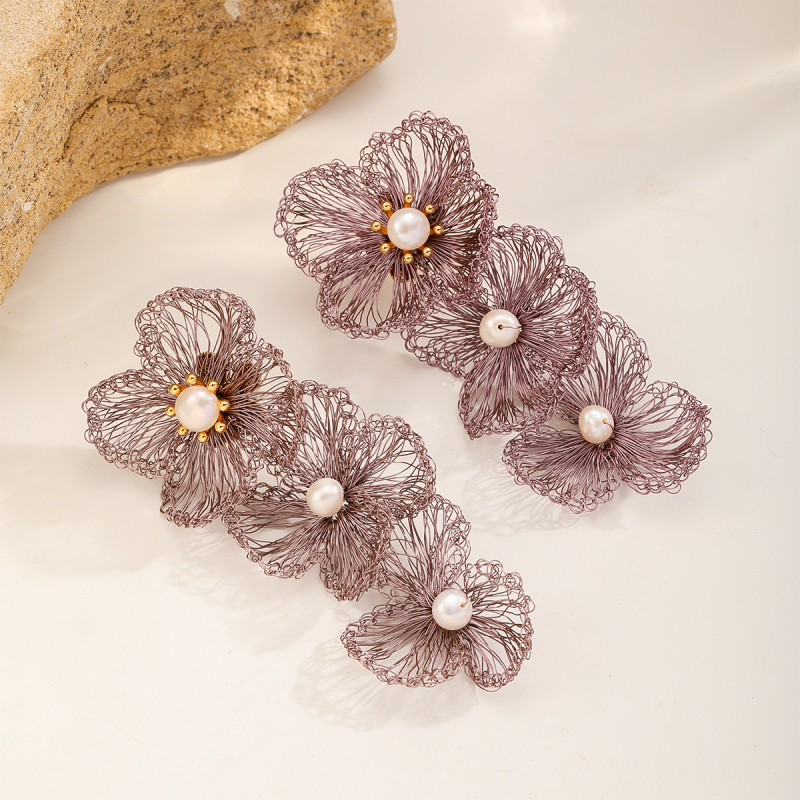 Cercei cu fir de cupru împletit în formă de floare, ciucuri, lucrate manual, știfturi din argint 925, stil ușor de lux