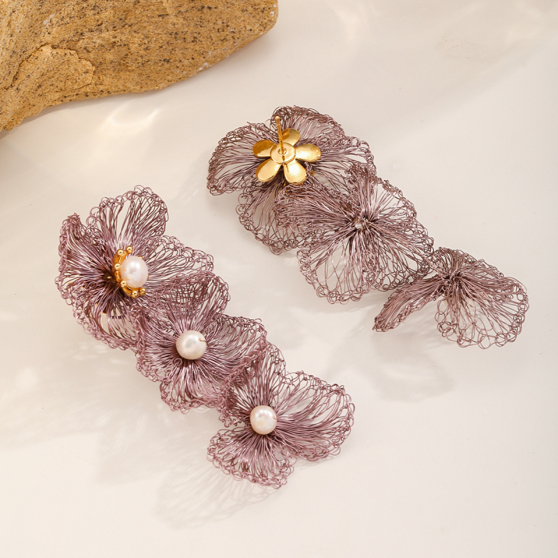 Cercei cu fir de cupru împletit în formă de floare, ciucuri, lucrate manual, știfturi din argint 925, stil ușor de lux