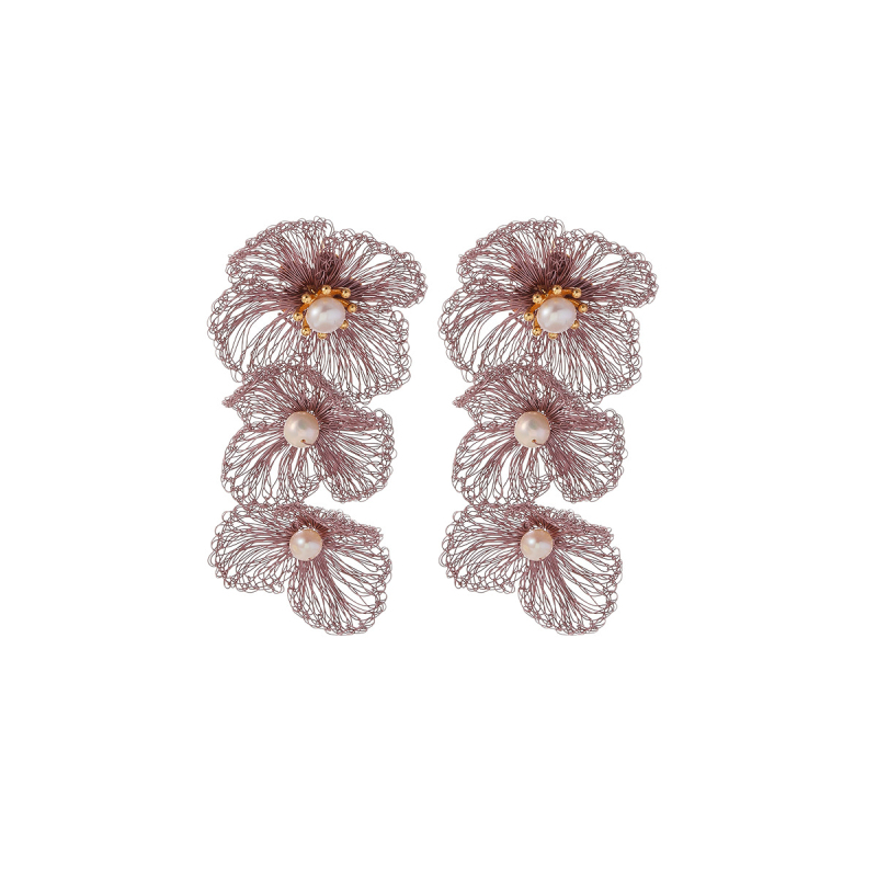 Cercei cu fir de cupru împletit în formă de floare, ciucuri, lucrate manual, știfturi din argint 925, stil ușor de lux