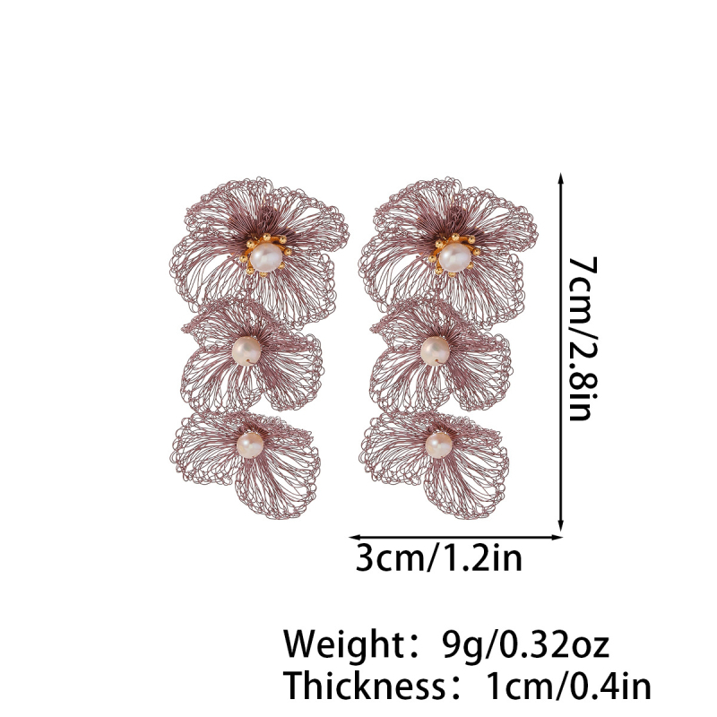 Cercei cu fir de cupru împletit în formă de floare, ciucuri, lucrate manual, știfturi din argint 925, stil ușor de lux