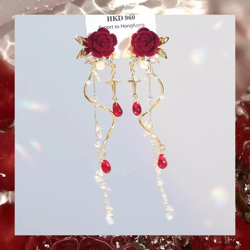 Klipszes fülbevalók virágmotívummal és bojtokkal, kézzel készített ötvözetből, koreai stílus, őszi 2024