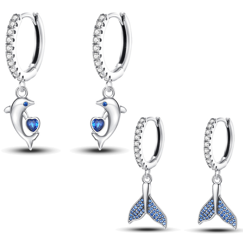 Cercei din argint 925, motiv marin cu balenă și coadă de pește, placare electrolitică, pentru femei