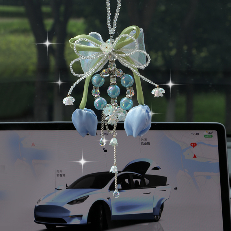 Автомобилна висулка за интерор: форма на лале, ръчна изработка, модерна естетика, изкуствен кристал, възможност за персонализация, Blue rain