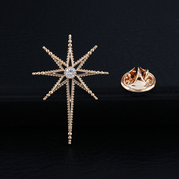 Rézből készült kitűző zirkón beépítéssel, nyolcszögletű csillag és kereszt csillag, geometriai dizájn, uniszex