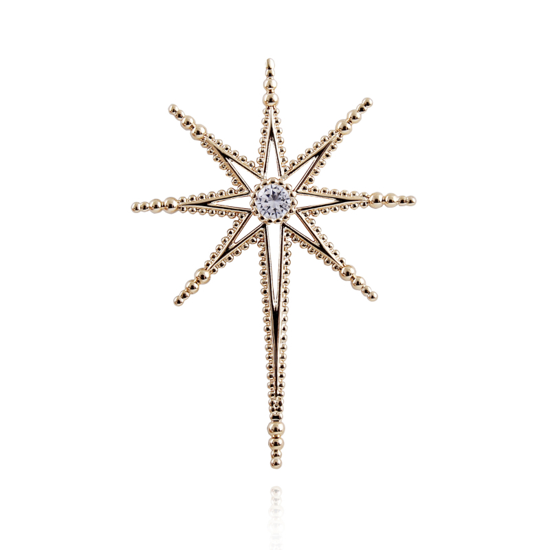 Rézből készült kitűző zirkón beépítéssel, nyolcszögletű csillag és kereszt csillag, geometriai dizájn, uniszex