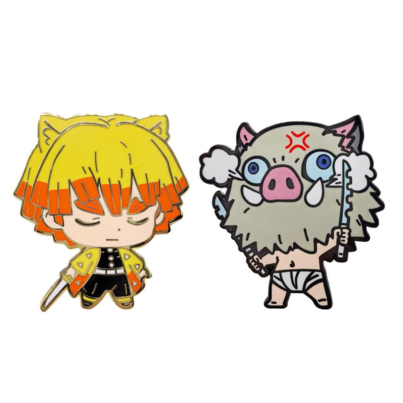 Demon Slayer metalna broš s likovima Zenitsu i Inosuke — materijal: cinkova legura; porijeklo: Guangzhou; sezona: jesen 2024; funkcija: dekoracija; stil: crtani likovi