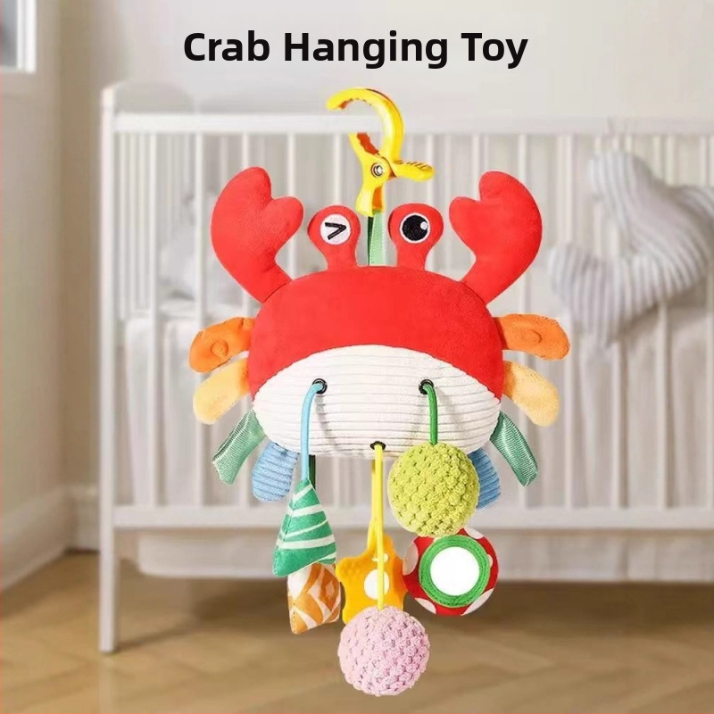 Krabio formos kūdikio vilkimo žaislas, iš audinio, su muzika, varpeliais, kramtuku ir vėjo varpeliais, 0–3 metų