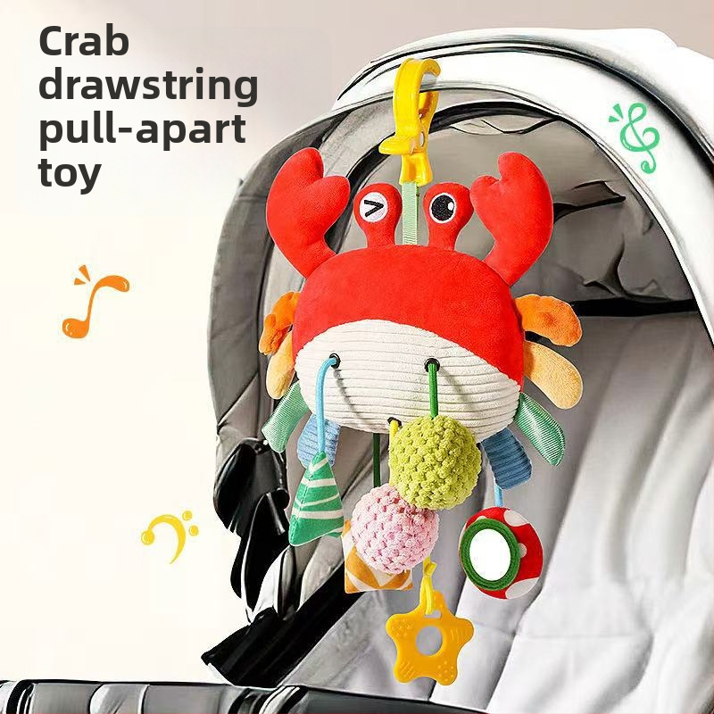 Krabio formos kūdikio vilkimo žaislas, iš audinio, su muzika, varpeliais, kramtuku ir vėjo varpeliais, 0–3 metų