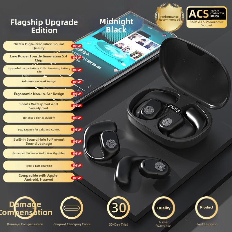 Headset Bluetooth wireless in-ear cu cârlig pentru ureche, IPX5, autonomie peste 8 ore, Bluetooth 5.4, control vocal
