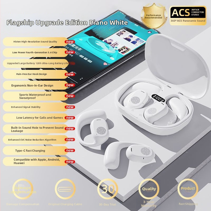 Headset Bluetooth wireless in-ear cu cârlig pentru ureche, IPX5, autonomie peste 8 ore, Bluetooth 5.4, control vocal