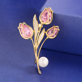 Broșă cu design floral și frunze, cupru, stil feminin elegant, finisaj galvanic