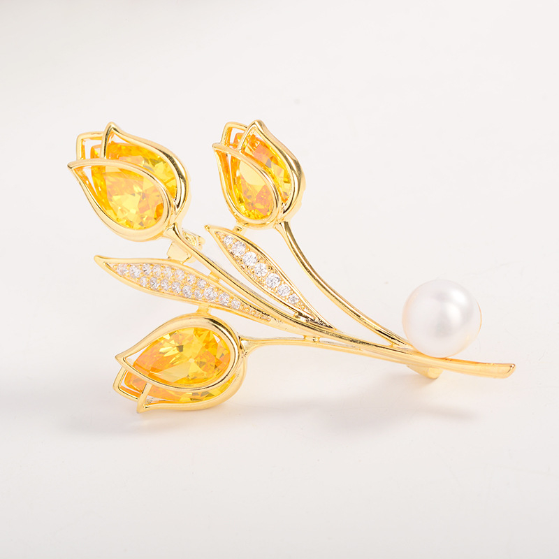 Broșă cu design floral și frunze, cupru, stil feminin elegant, finisaj galvanic